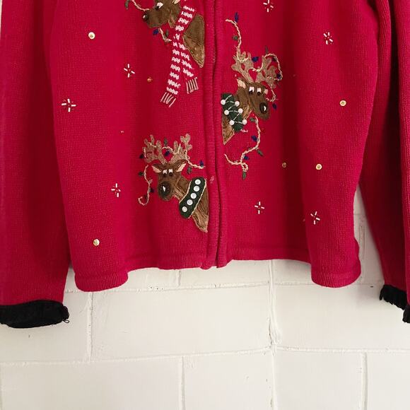 VINTAGE Red Ugly Christmas Sweater Zip Up Reindeer Large L - Picture 3 of 9